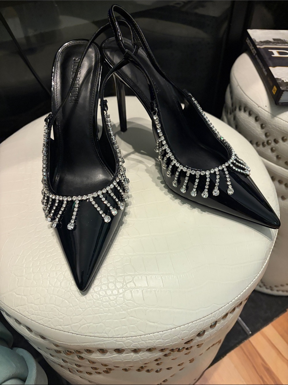 Steve Madden Black Patent Slingback Pumps with Crystal Fringe Accents